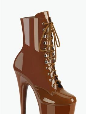 Pleaser Caramel Brown Patent Lace-Up Platform Ankle Boots